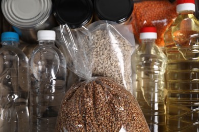 Photo of Many different food products as background, closeup