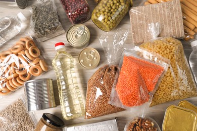 Photo of Different food products on table, flat lay