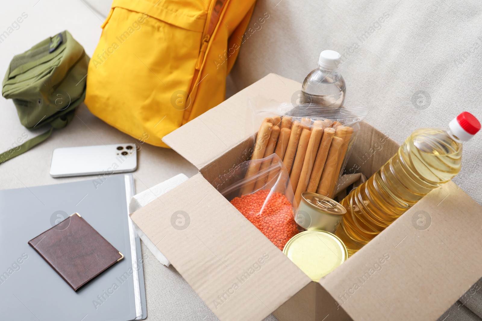 Survival kit. Different emergency supplies and food products in box on sofa, closeup Photo of Survival kit. Different emergency supplies and food products in box on sofa, closeup