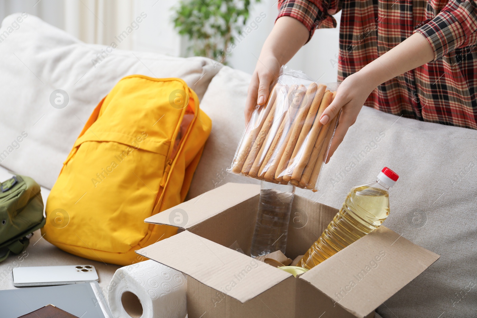 Survival kit. Woman packing different emergency supplies on sofa indoors, closeup Photo of Survival kit. Woman packing different emergency supplies on sofa indoors, closeup