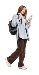 Photo of Smiling teenage girl with smartphone on white background