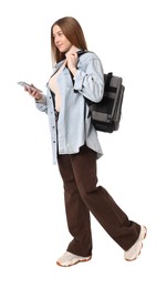 Photo of Teenage girl with smartphone on white background
