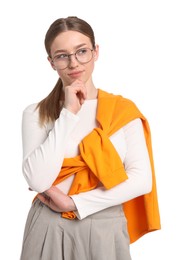 Photo of Portrait of thoughtful teenage girl on white background