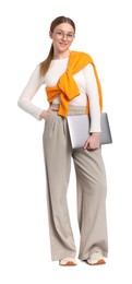 Photo of Smiling teenage girl with laptop on white background