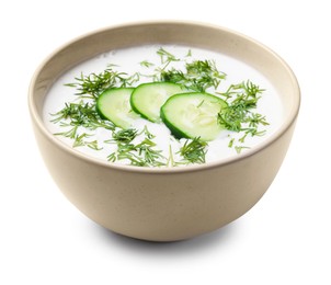 Photo of Tasty cucumber soup with dill in bowl isolated on white