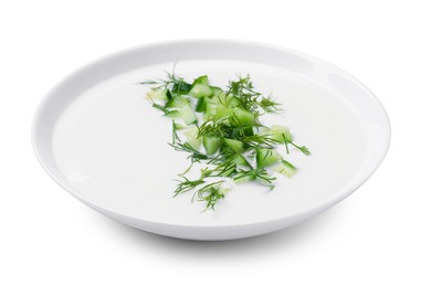 Photo of Tasty cucumber soup with dill in bowl isolated on white
