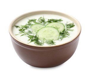 Photo of Tasty cucumber soup with dill in bowl isolated on white
