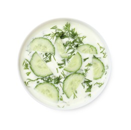 Photo of Tasty cucumber soup with dill in bowl isolated on white, top view