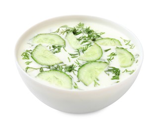 Photo of Tasty cucumber soup with dill in bowl isolated on white