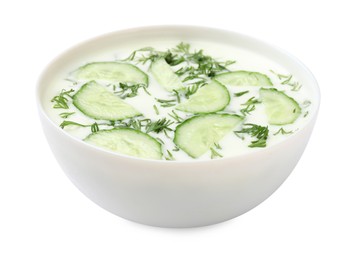 Photo of Tasty cucumber soup with dill in bowl isolated on white
