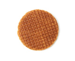 Photo of One tasty round waffle isolated on white, top view