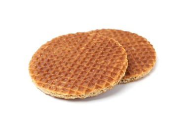 Photo of Tasty round waffles isolated on white. Belgian cuisine