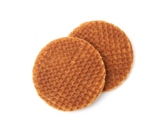 Photo of Tasty round waffles isolated on white, top view