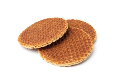 Photo of Tasty round waffles isolated on white. Belgian cuisine