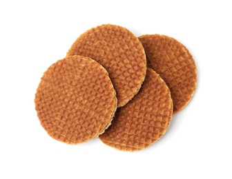 Photo of Tasty round waffles isolated on white, top view