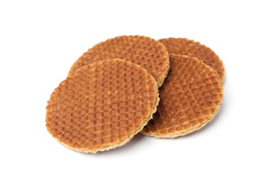 Photo of Tasty round waffles isolated on white. Belgian cuisine