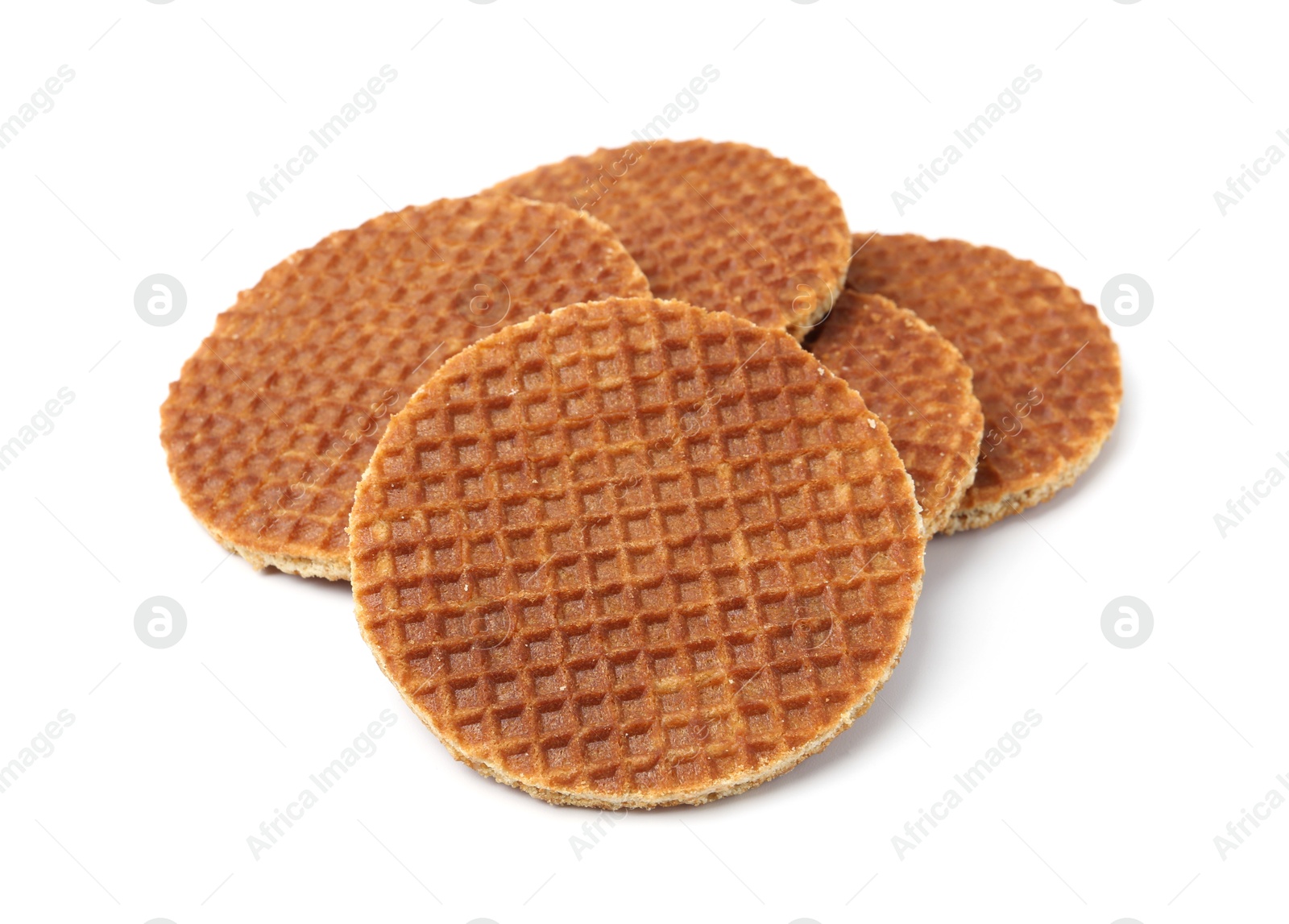 Tasty round waffles isolated on white. Belgian cuisine Photo of Tasty round waffles isolated on white. Belgian cuisine