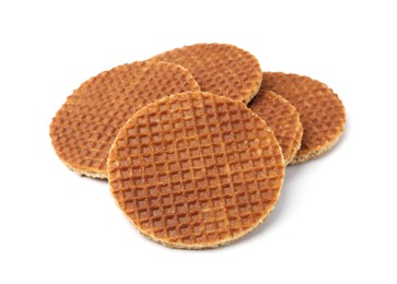Photo of Tasty round waffles isolated on white. Belgian cuisine
