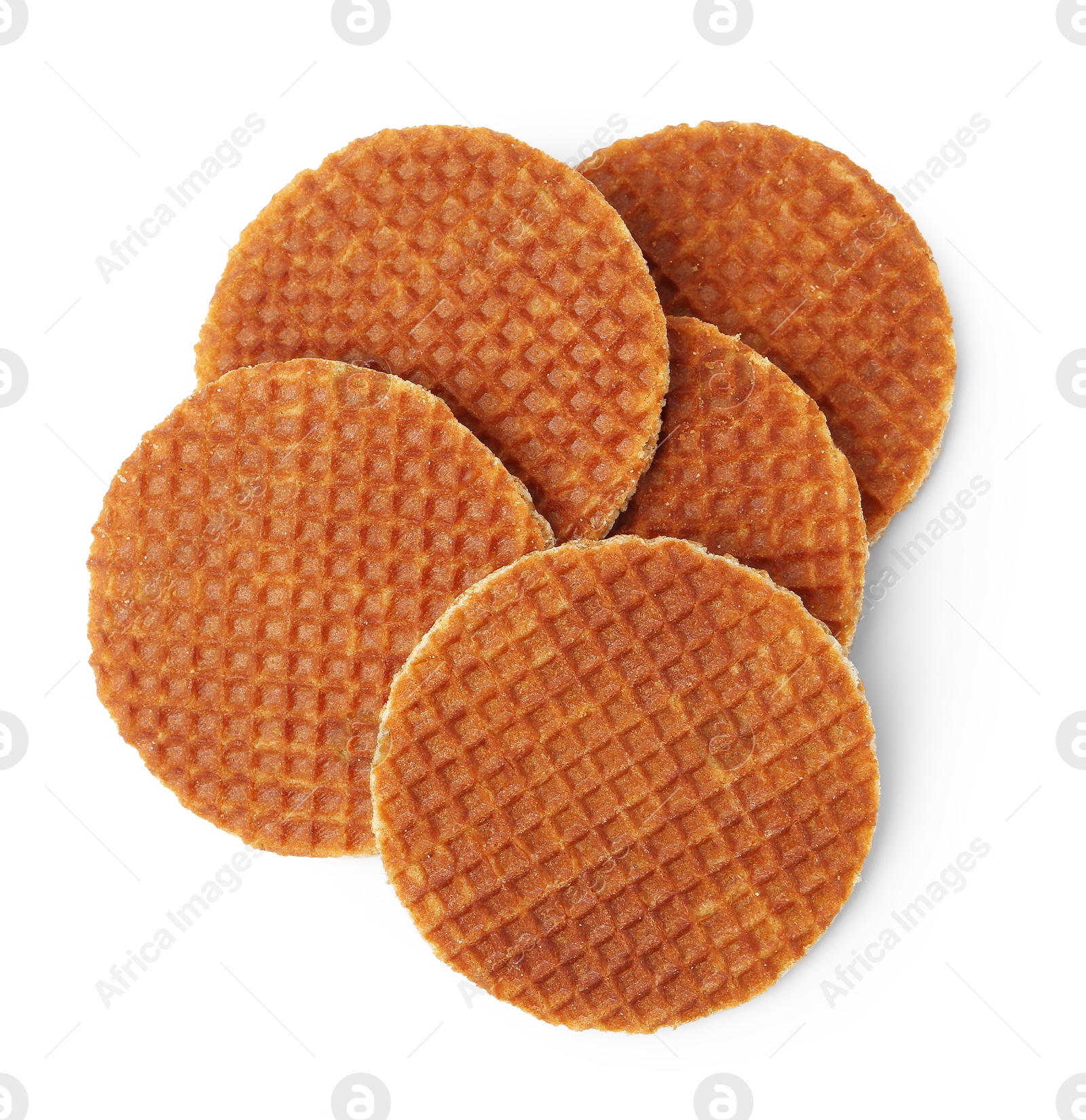 Tasty round waffles isolated on white, top view Photo of Tasty round waffles isolated on white, top view