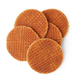 Photo of Tasty round waffles isolated on white, top view