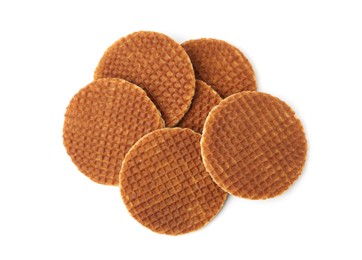 Photo of Tasty round waffles isolated on white, top view
