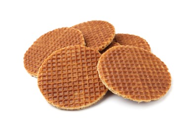 Photo of Tasty round waffles isolated on white. Belgian cuisine