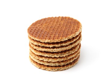 Photo of Stack of tasty round waffles isolated on white