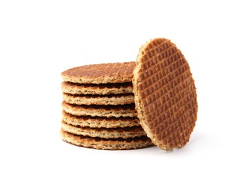 Photo of Stack of tasty round waffles isolated on white