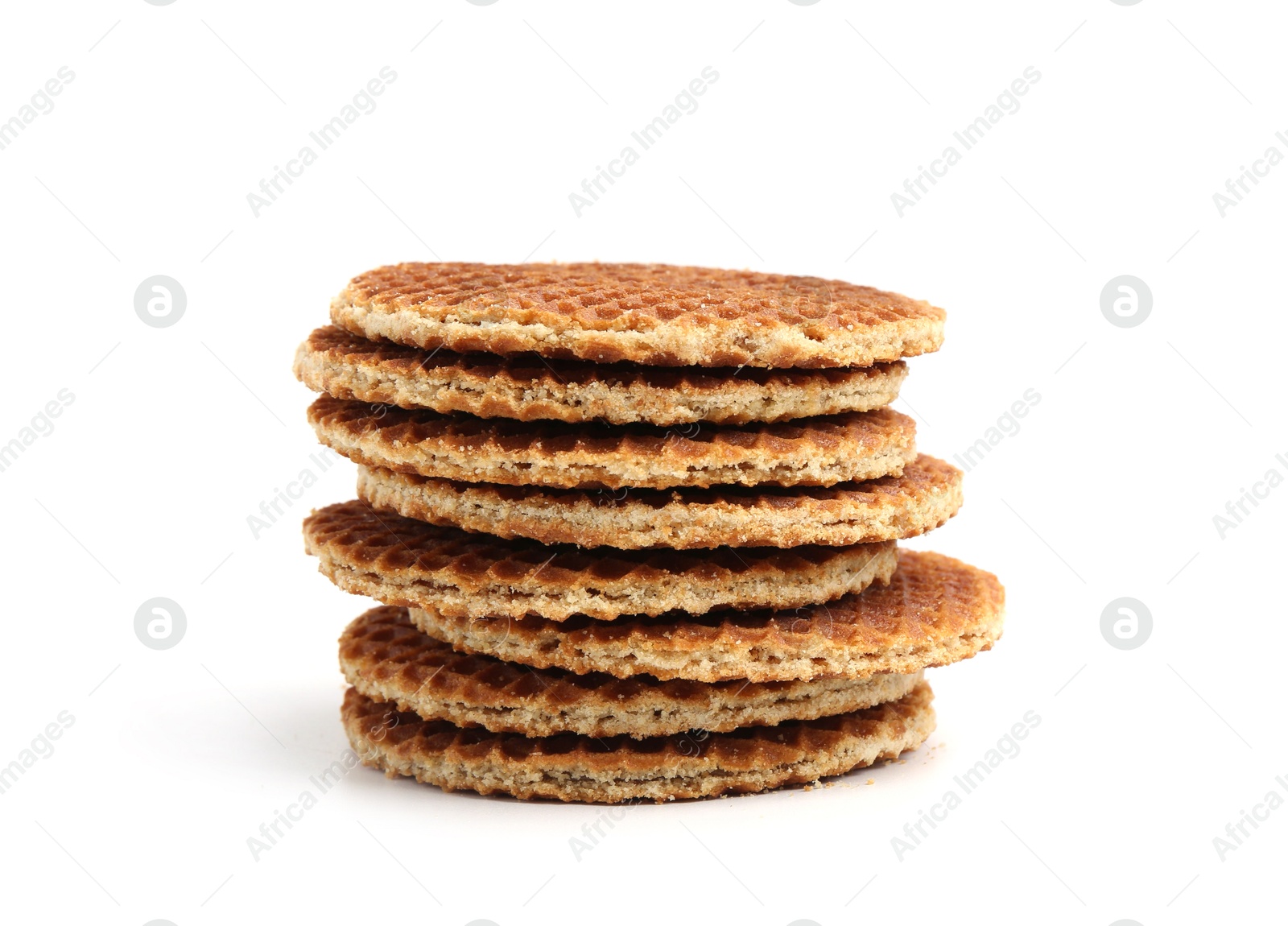 Stack of tasty round waffles isolated on white Photo of Stack of tasty round waffles isolated on white