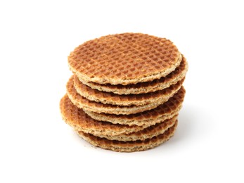 Photo of Stack of tasty round waffles isolated on white