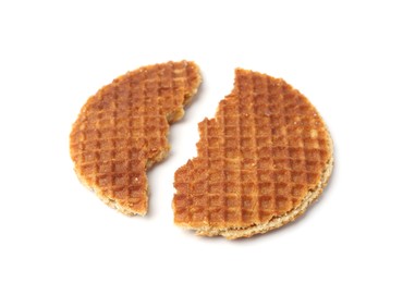 Photo of Pieces of tasty round waffle isolated on white