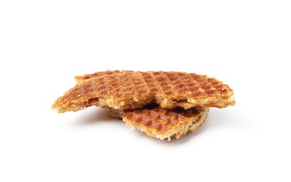 Photo of Pieces of tasty round waffle isolated on white