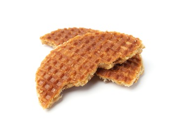 Photo of Pieces of tasty round waffle isolated on white