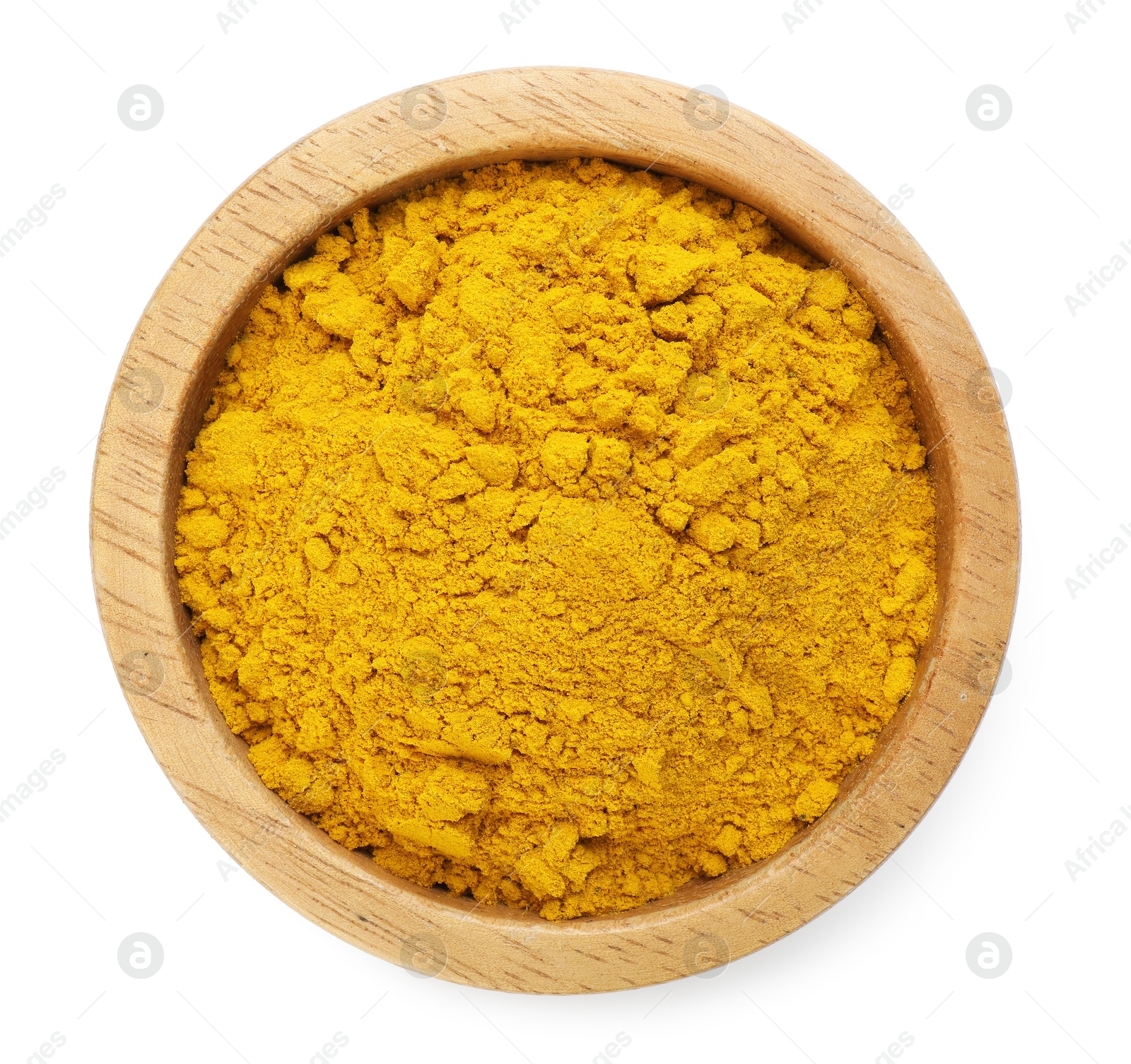Turmeric powder in bowl isolated on white, top view. Aromatic spice Photo of Turmeric powder in bowl isolated on white, top view. Aromatic spice