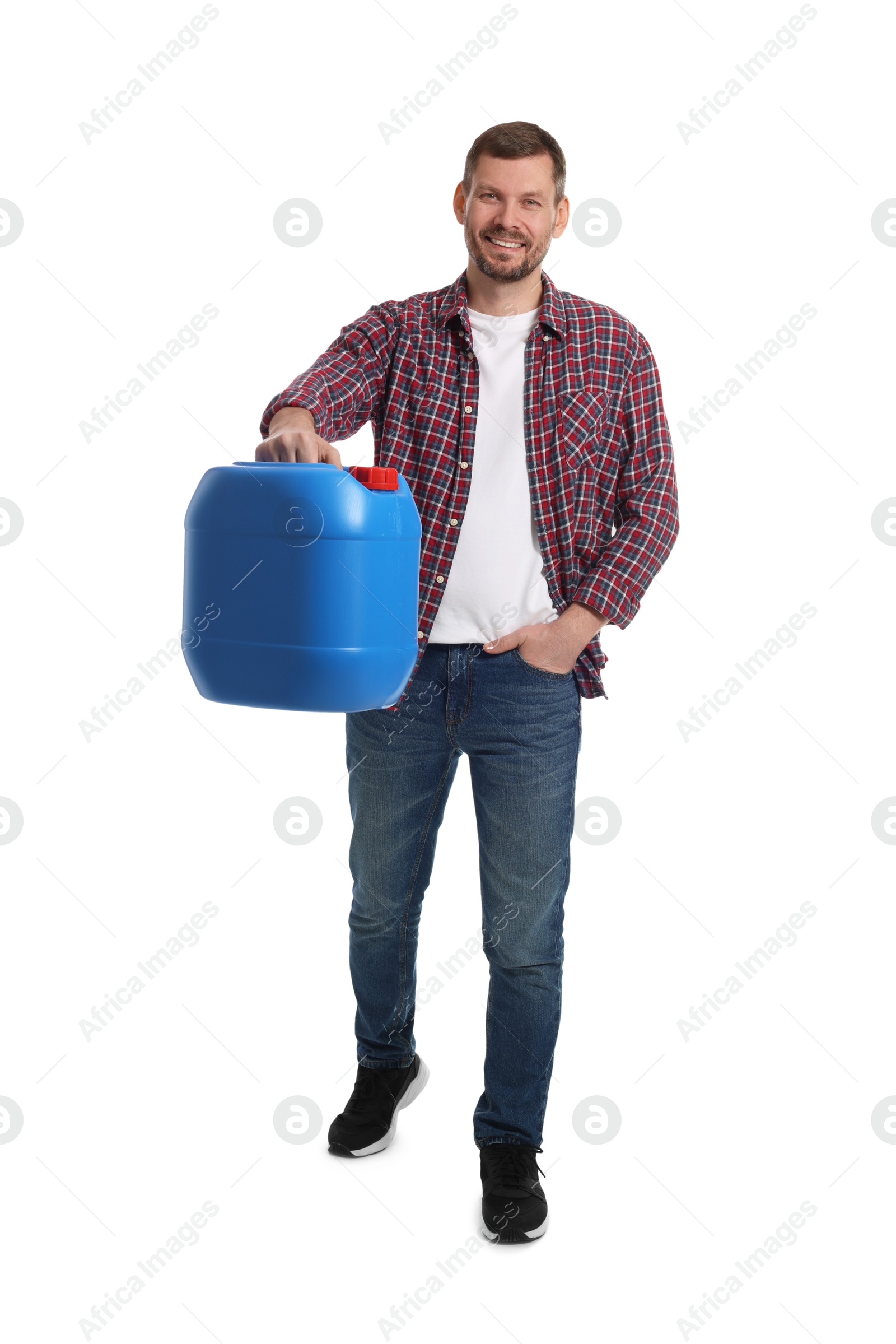 Man holding plastic canister on white background Photo of Man holding plastic canister on white background