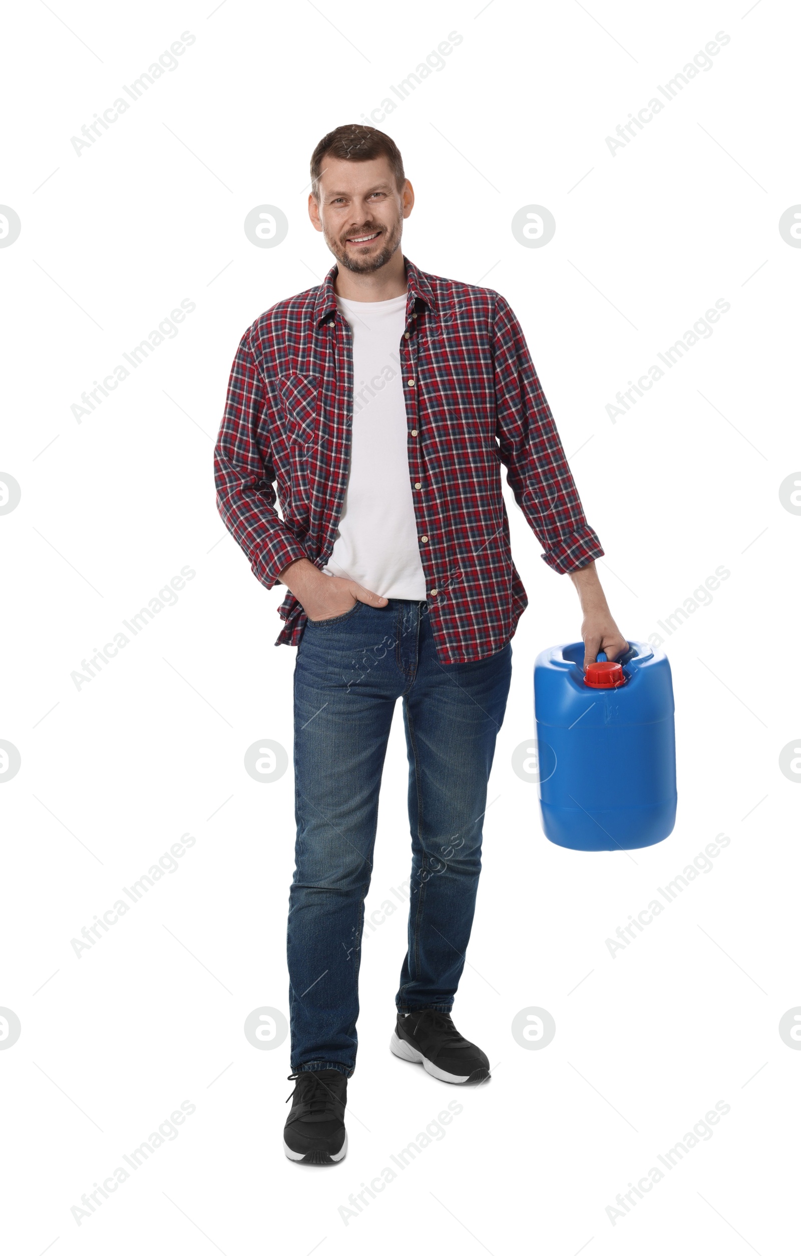 Man holding plastic canister on white background Photo of Man holding plastic canister on white background