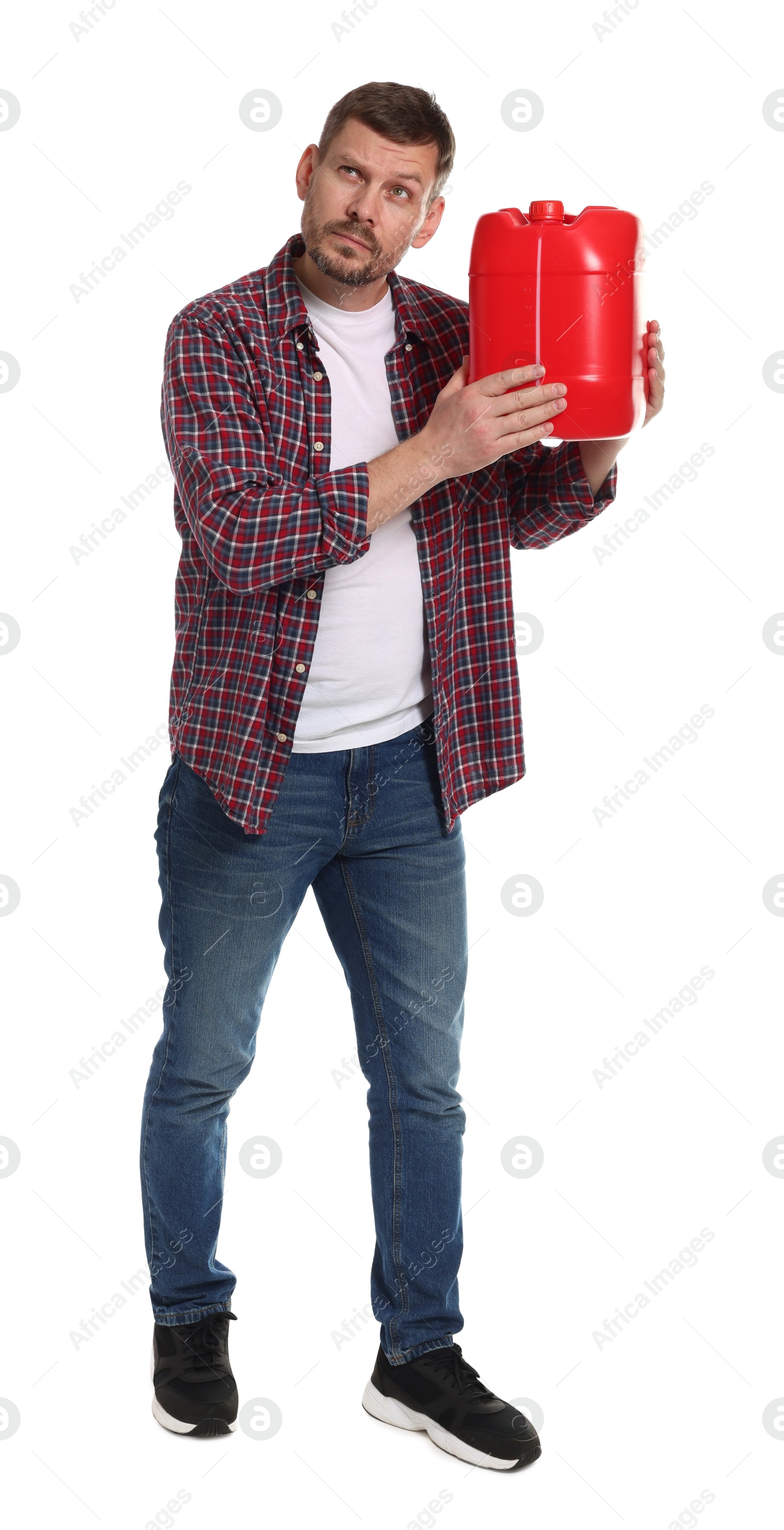 Man holding plastic canister on white background Photo of Man holding plastic canister on white background