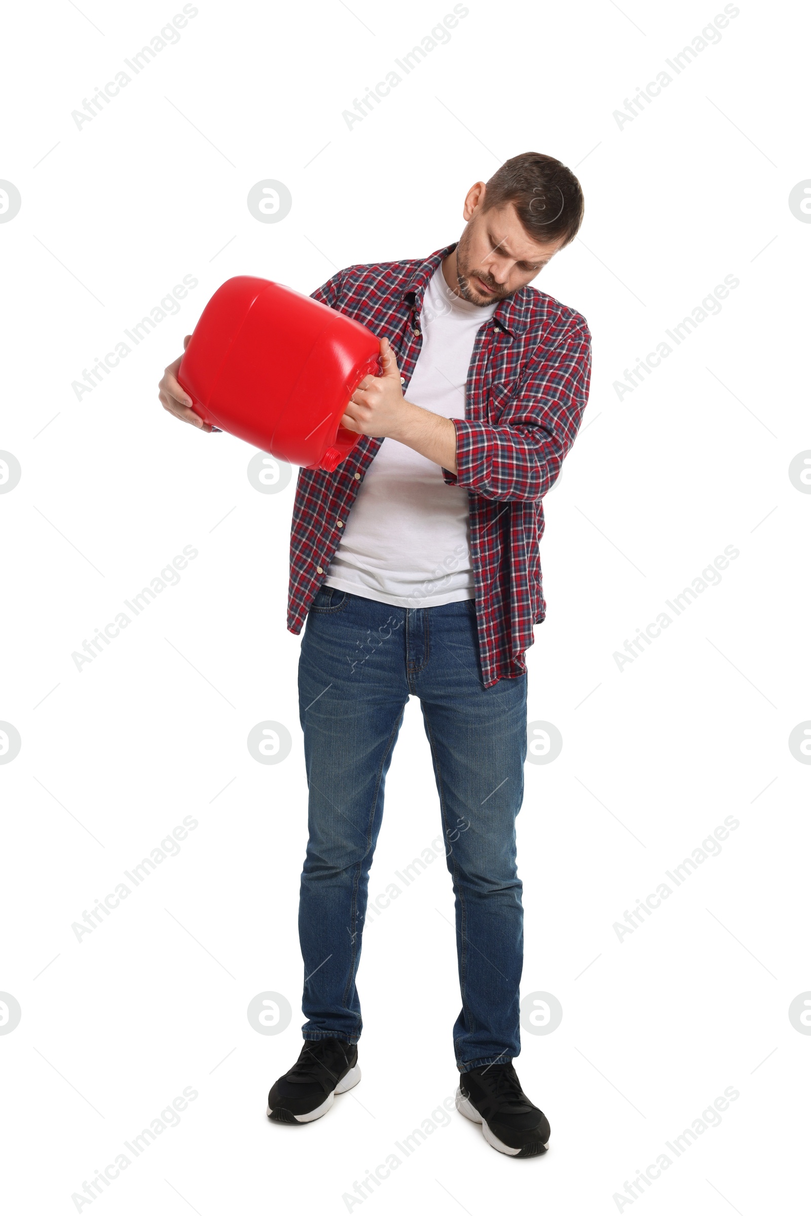 Man holding plastic canister on white background Photo of Man holding plastic canister on white background