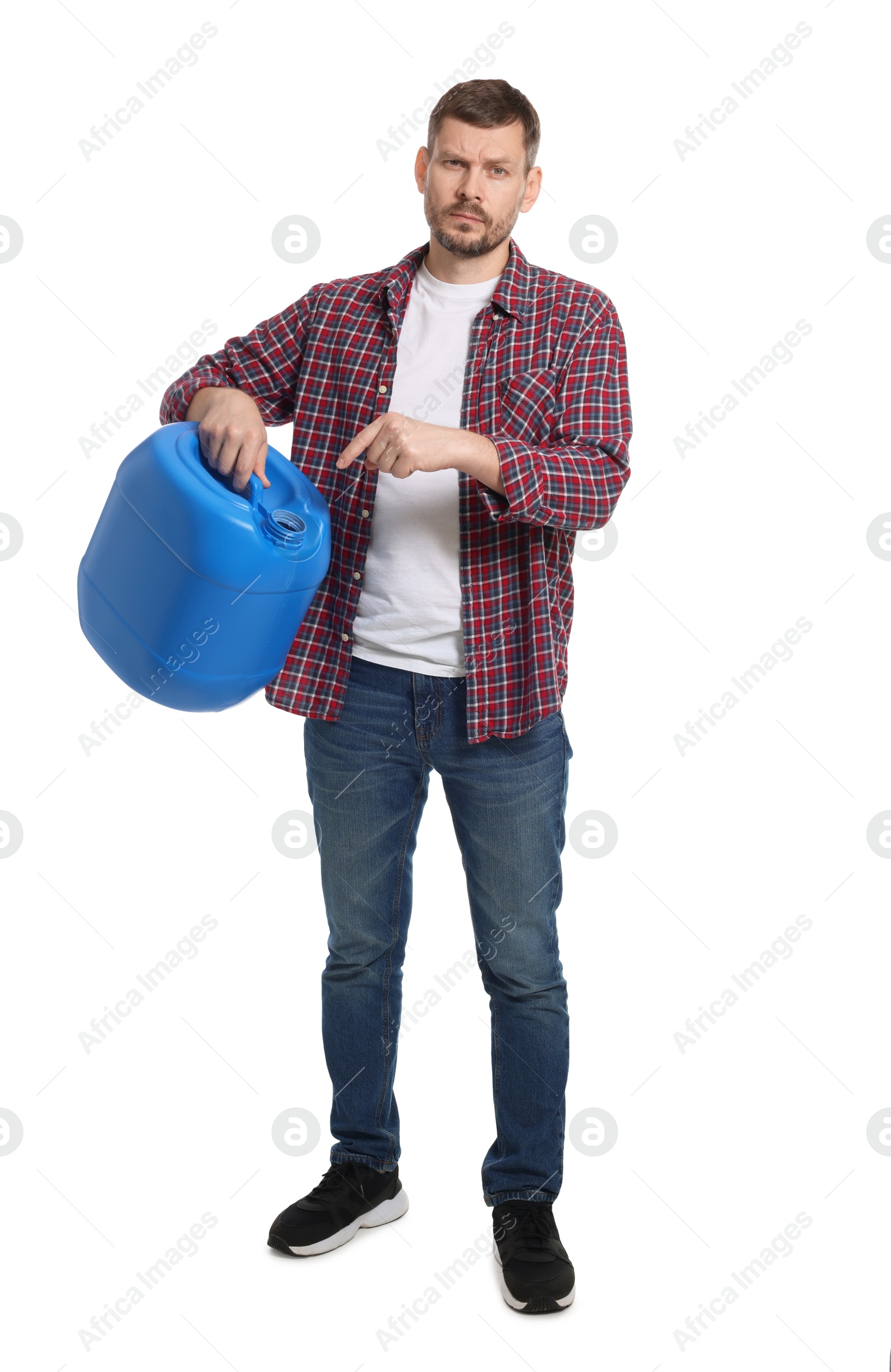 Man holding plastic canister on white background Photo of Man holding plastic canister on white background
