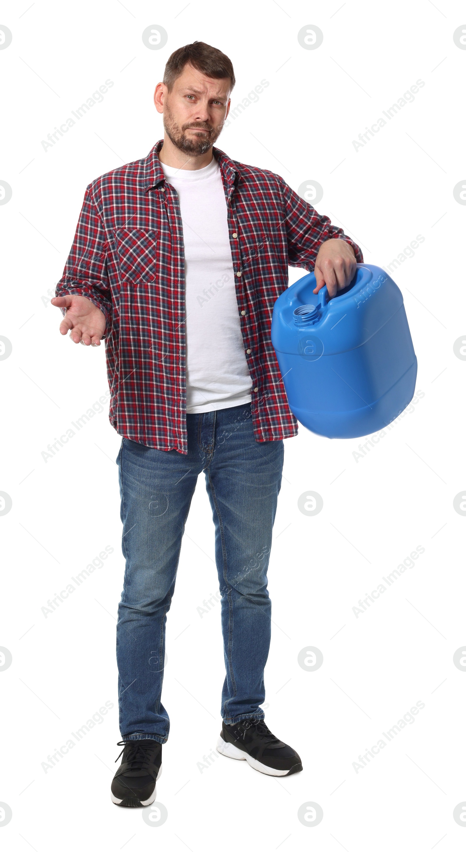 Man holding plastic canister on white background Photo of Man holding plastic canister on white background