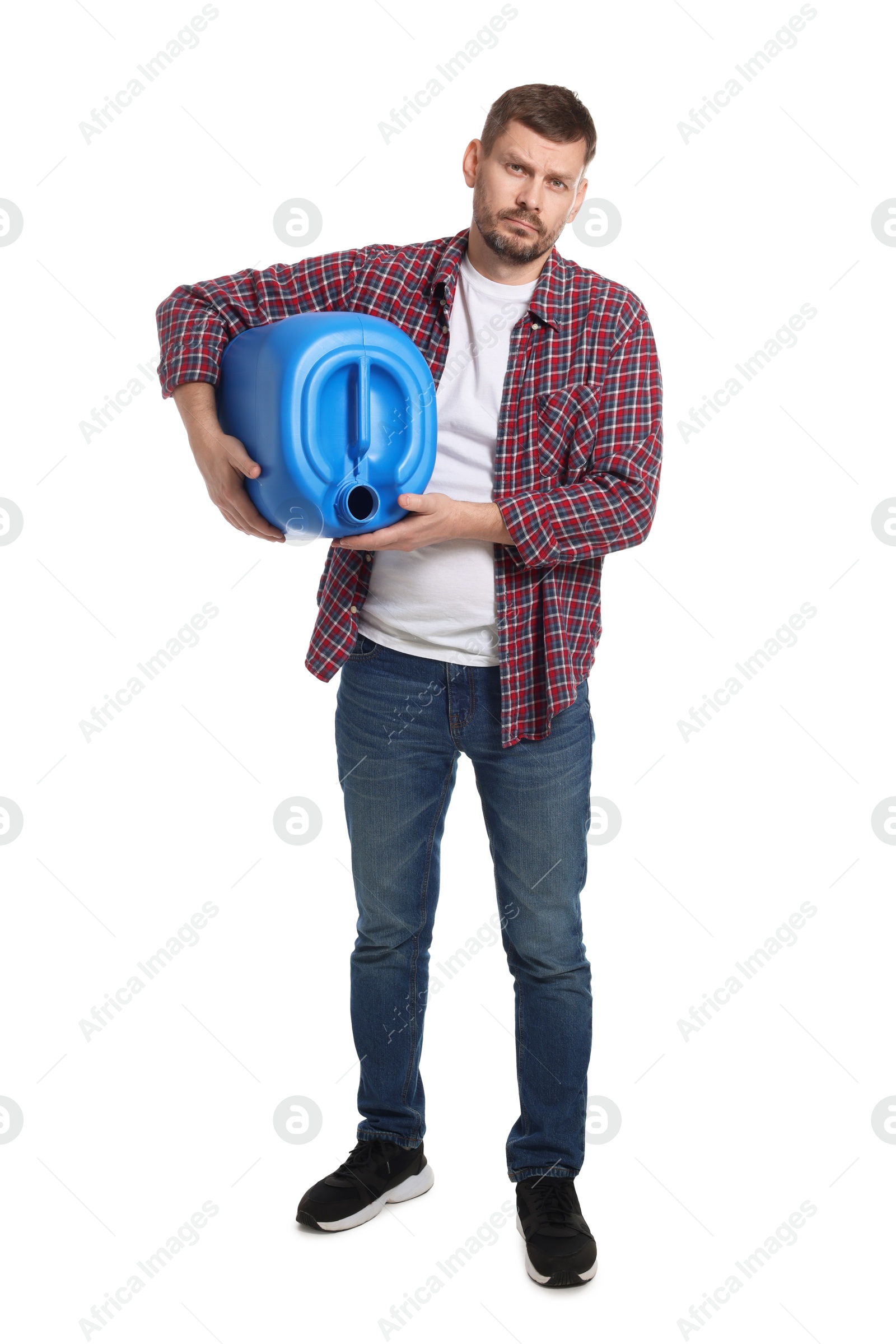 Man holding plastic canister on white background Photo of Man holding plastic canister on white background