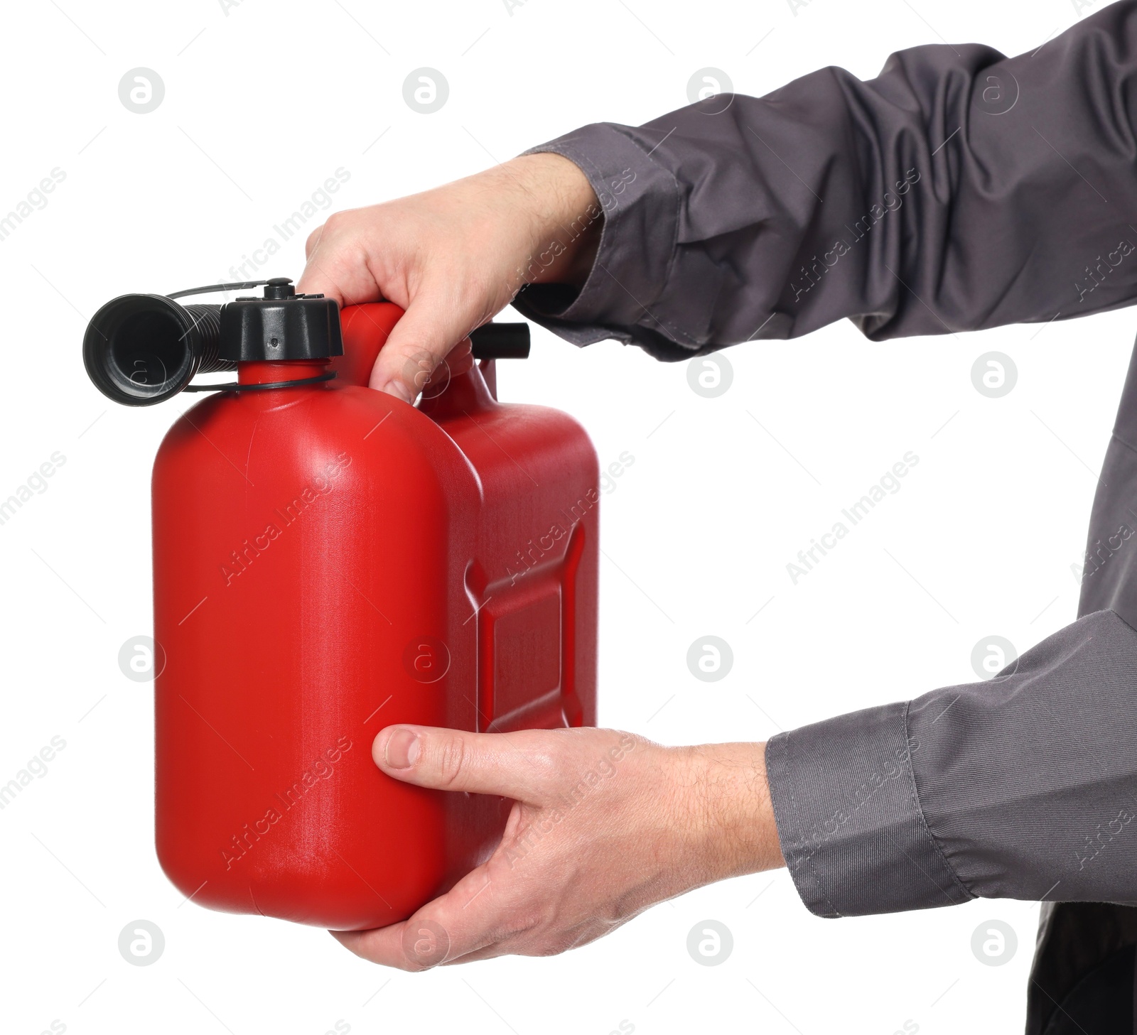 Man holding plastic canister on white background, closeup Photo of Man holding plastic canister on white background, closeup