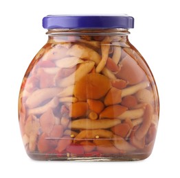 Photo of Tasty pickled mushrooms in jar isolated on white
