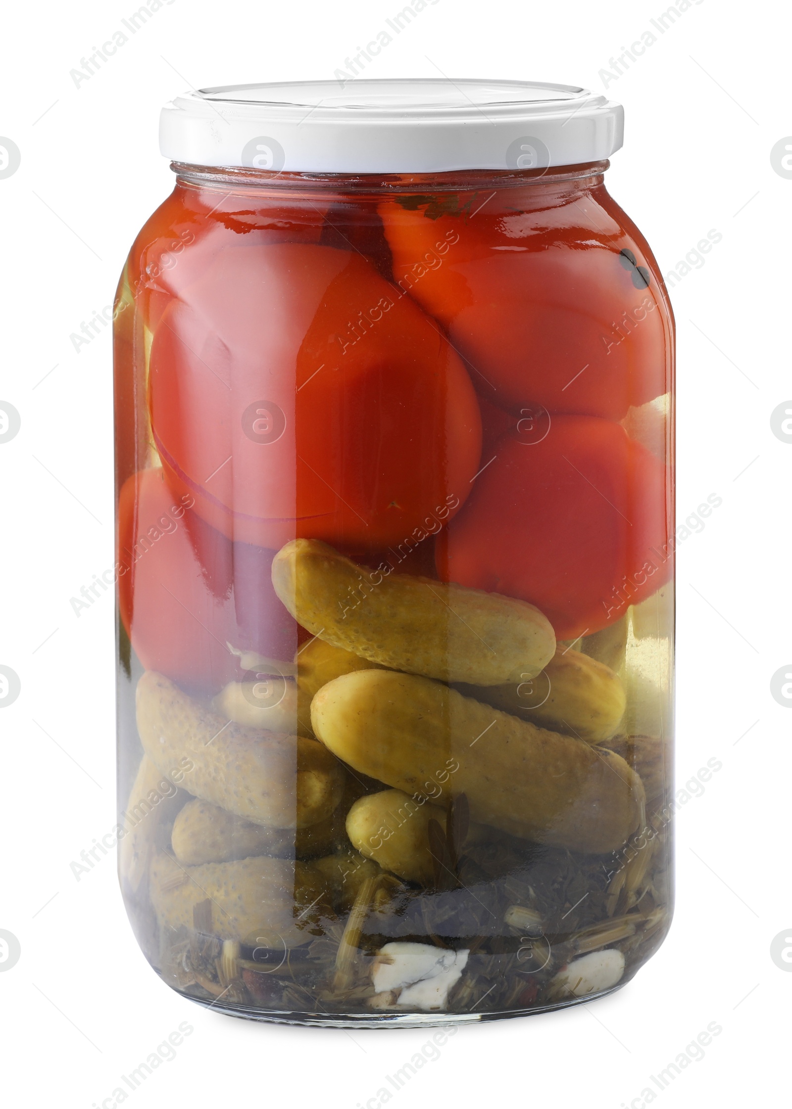 Tasty pickled vegetables in jar isolated on white Photo of Tasty pickled vegetables in jar isolated on white