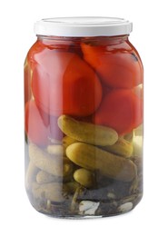 Photo of Tasty pickled vegetables in jar isolated on white