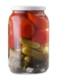 Photo of Tasty pickled vegetables in jar isolated on white