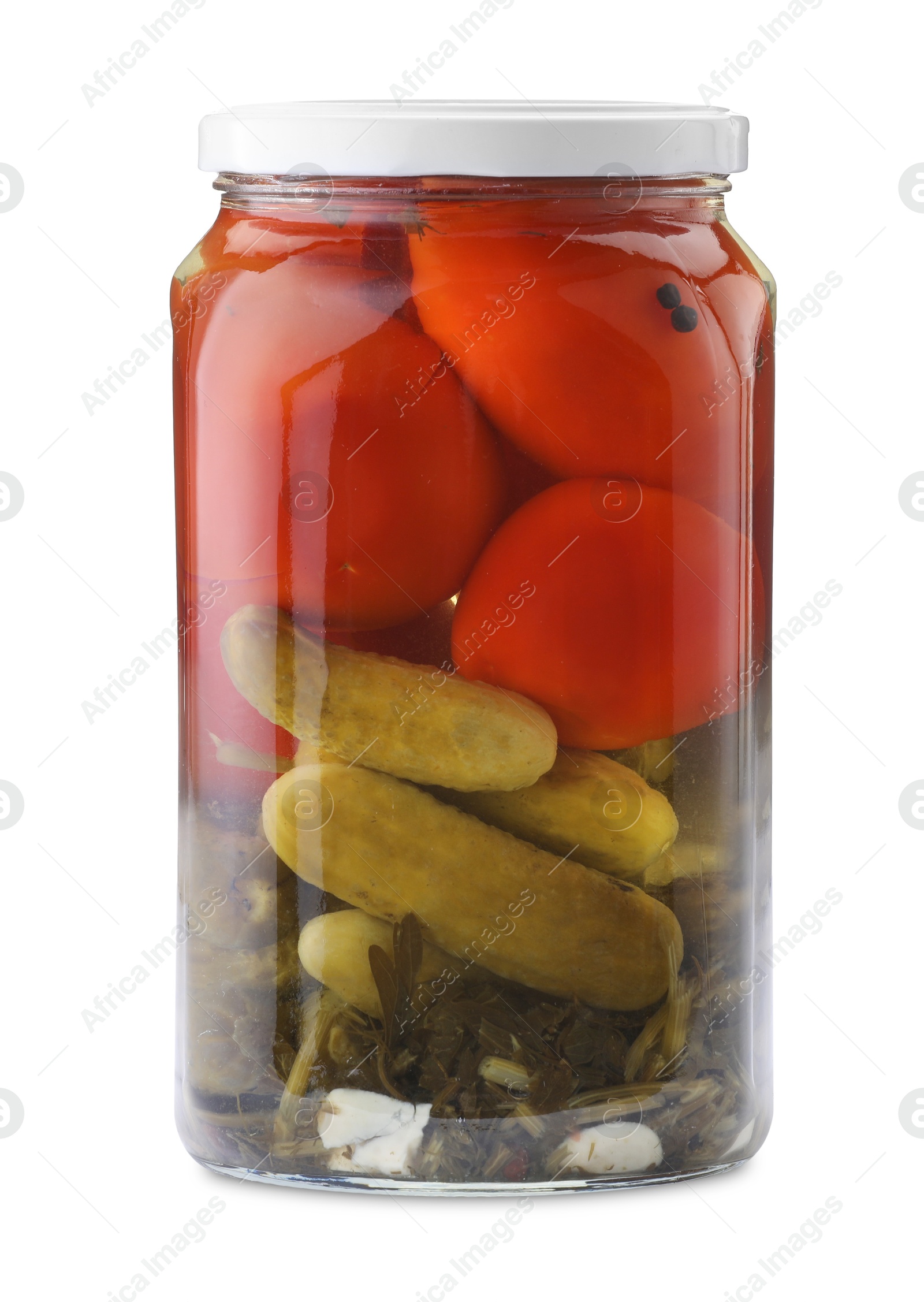 Tasty pickled vegetables in jar isolated on white Photo of Tasty pickled vegetables in jar isolated on white