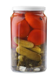 Photo of Tasty pickled vegetables in jar isolated on white