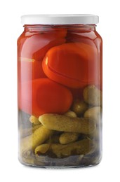 Photo of Tasty pickled vegetables in jar isolated on white