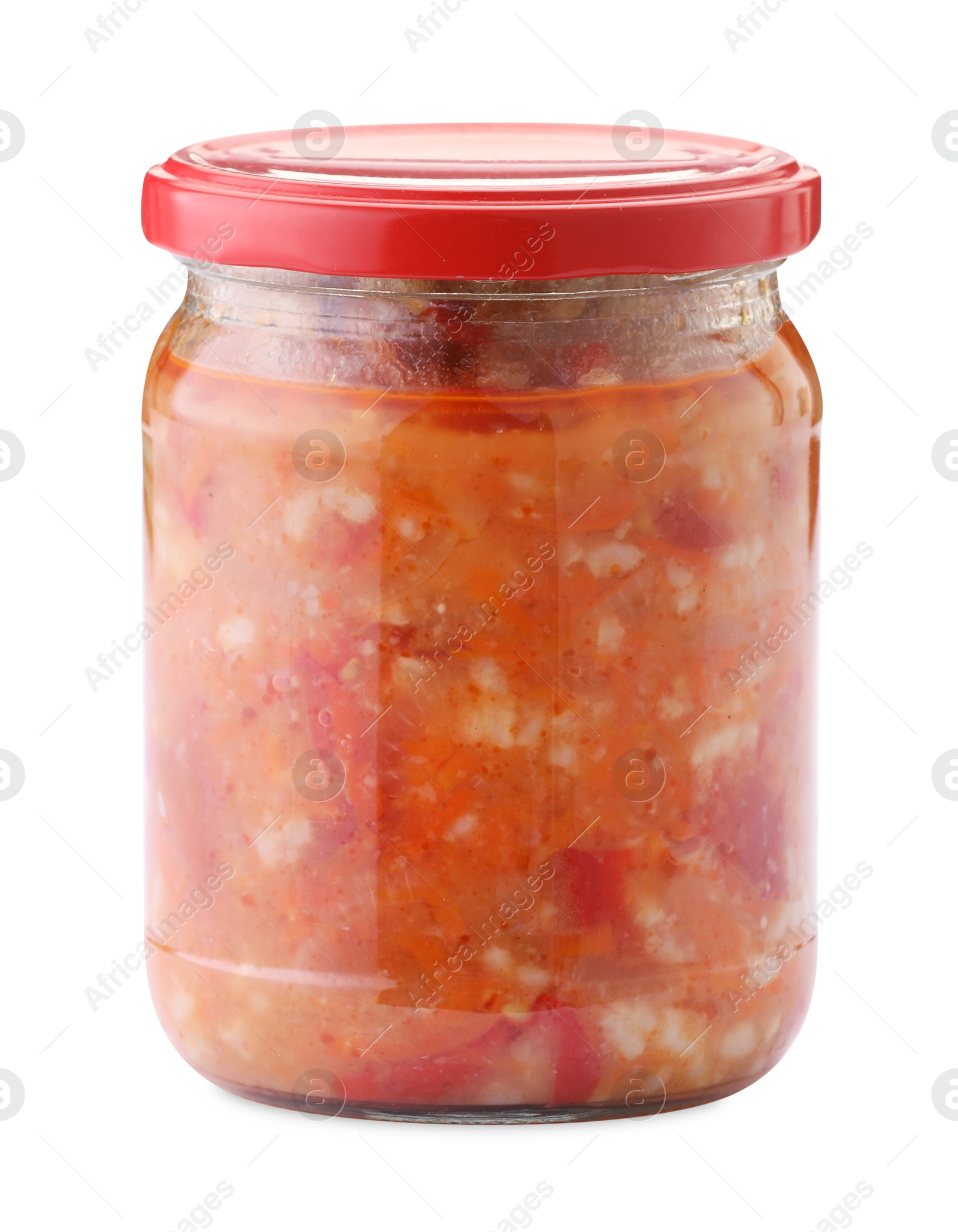Tasty lecho in jar isolated on white Photo of Tasty lecho in jar isolated on white